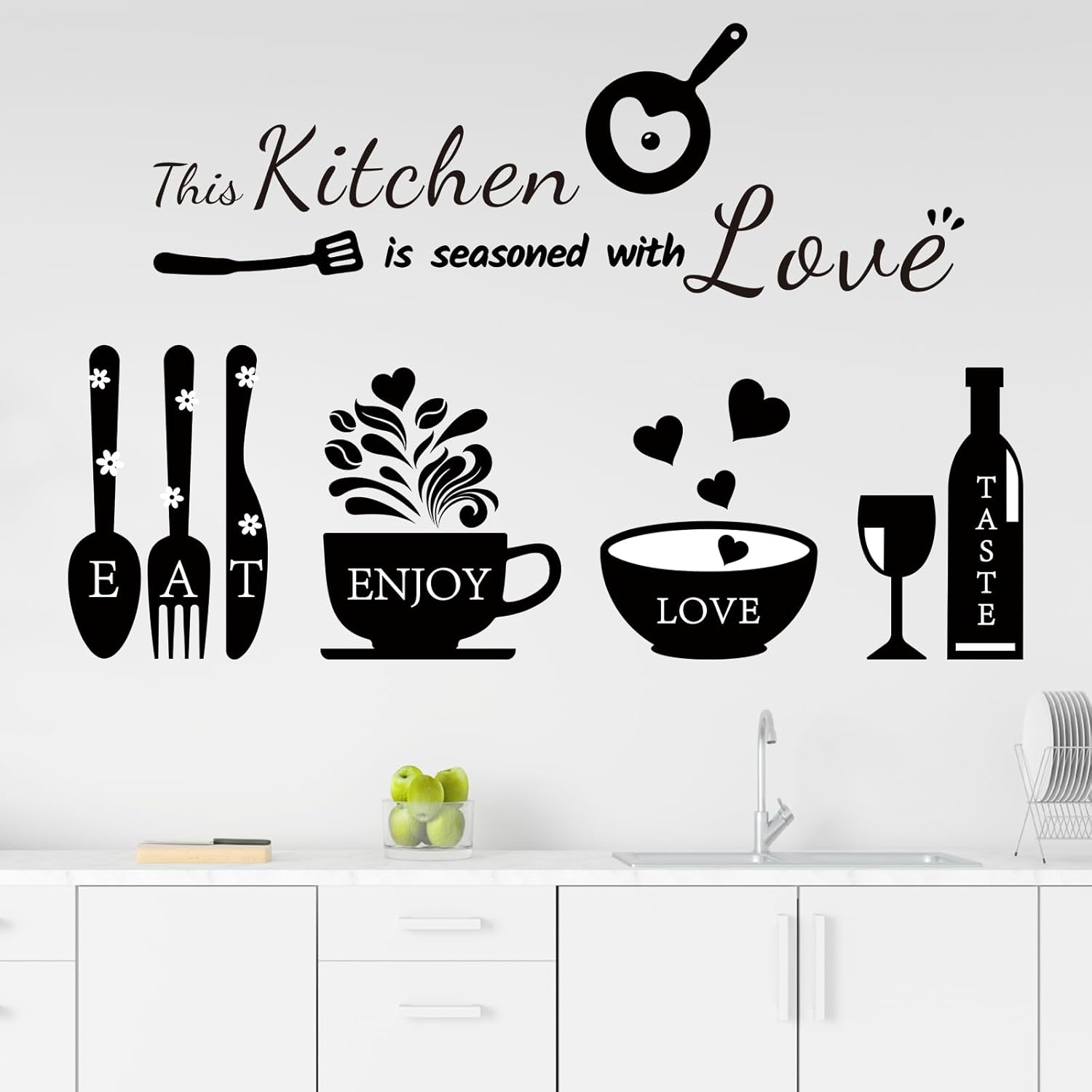 Kitchen Wall Stickers Decals Decor Kitchen Seasoned with Love Quotes Wall Decor Utensil Art Decorations for Home Dining Room Coffee Shop
