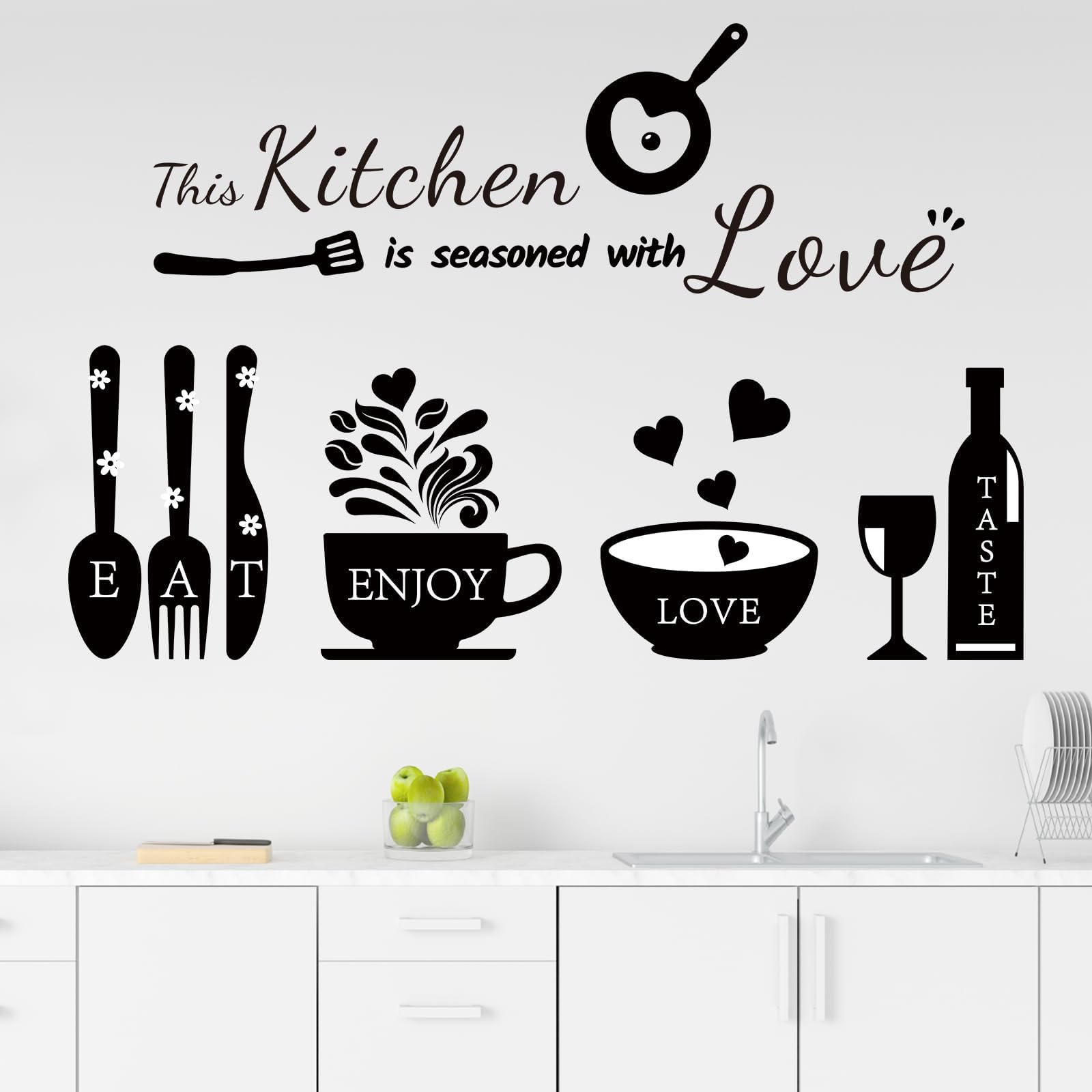Kitchen Wall Stickers Decals Decor Kitchen Seasoned with Love Quotes Wall Decor Utensil Art Decorations for Home Dining Room Coffee Shop