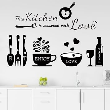 Kitchen Wall Stickers Decor Kitchen Seasoned with Love Decals | Kitchen Quotes Wall Decor Utensil Art Decorations for Home Dining Room Coffee Shop