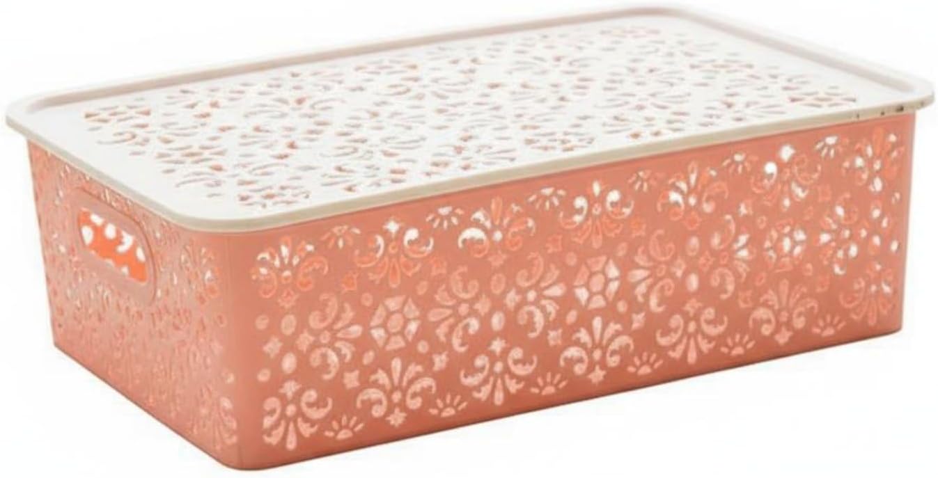 Storage Container Organizer Basket Bin Box Stackable Breathable Decorative Lace Design Suitable for Home, Pink, L W Lid