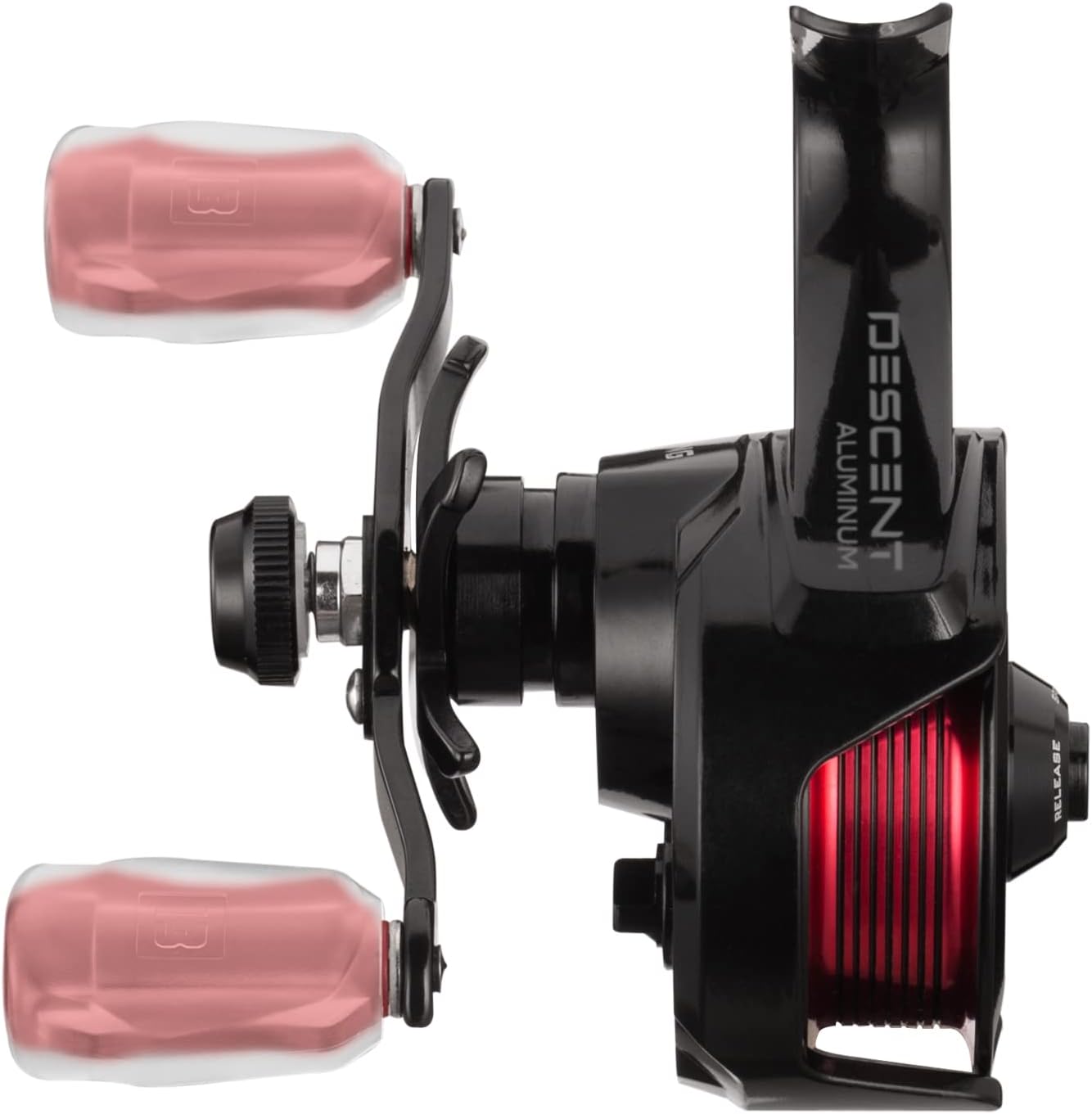 13 Fishing - Descent Aluminum - Inline Ice Fishing Reel - 2.7:1 Gear Ratio - Left Hand Retrieve (Aluminum Spool Gen 2 Design) - D2AL-2.7-LH, Black/Red