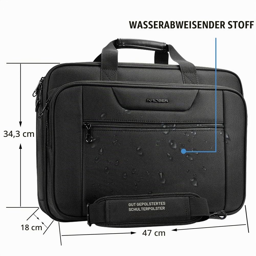 KROSER Laptop Tasche XXL 18,5 Zoll Wasserabweisend Umhängetasche Erweiterbar Business Aktentasche Schwarz