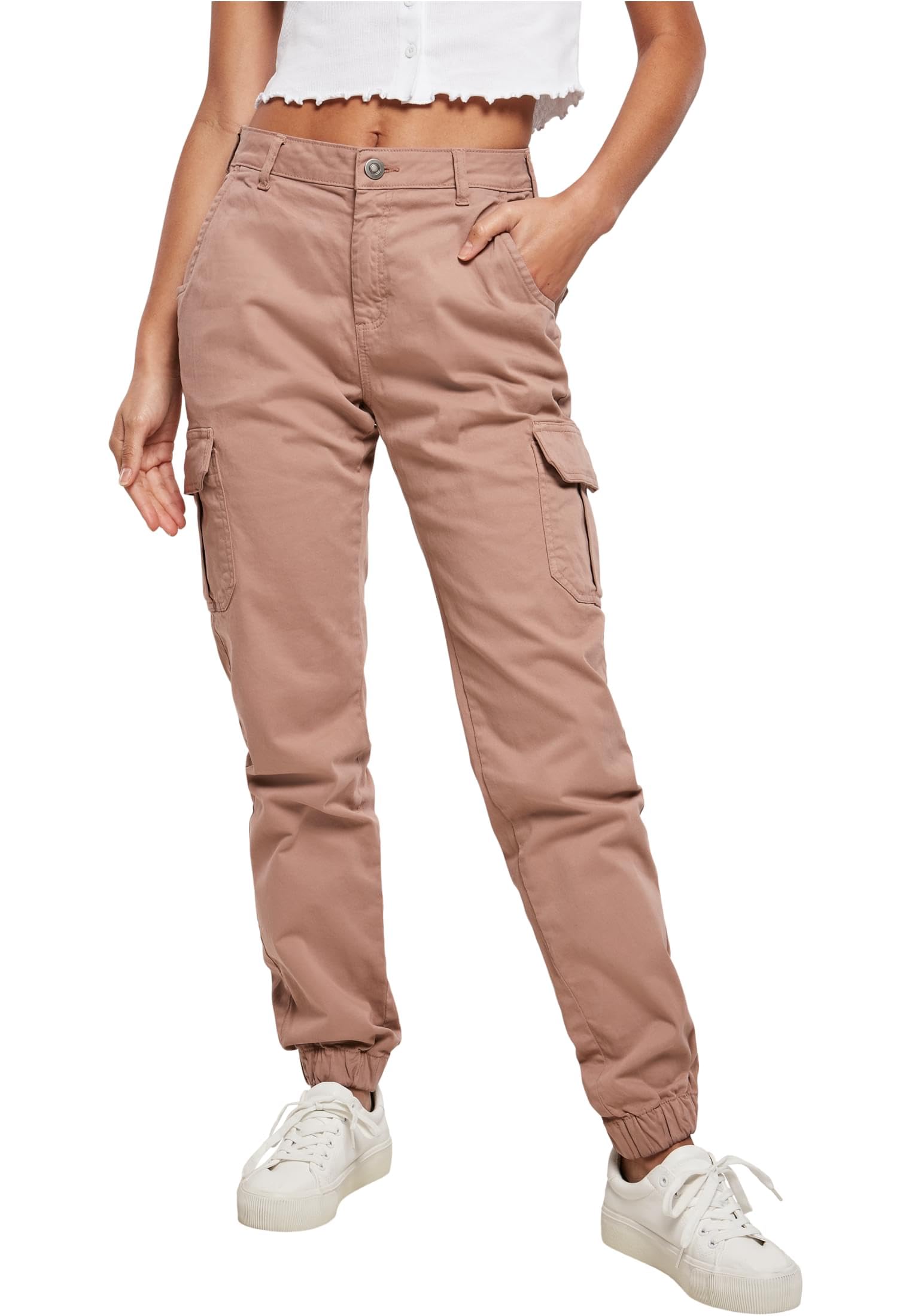 URBAN CLASSICS Combat Cargo Trousers for Women, Cargo Joggers Trousers for Women, Stretch Casual High-Waist Cargo Trousers, Combat Casual Trousers, Colour: Duskrose, Size: 30