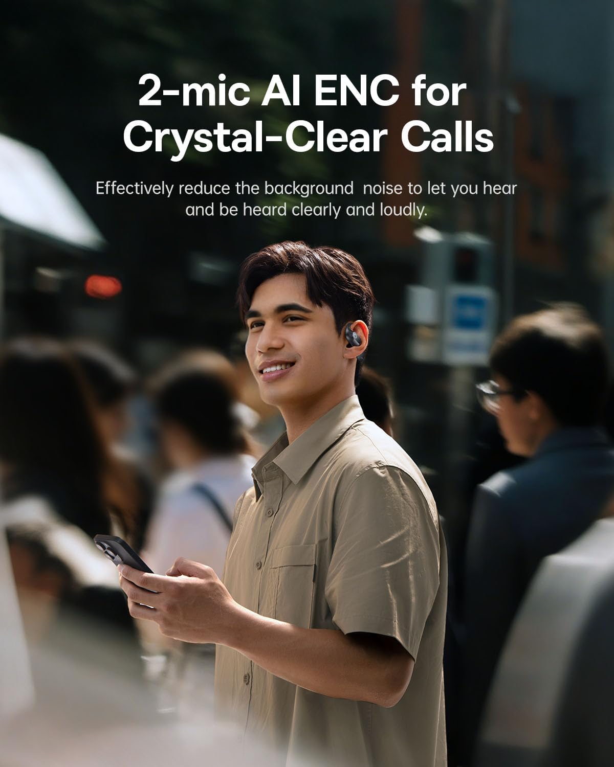 Man on a busy street using Baseus Eli 2i Fit headphones and a smartphone, demonstrating clear call quality with 2-mic AI ENC