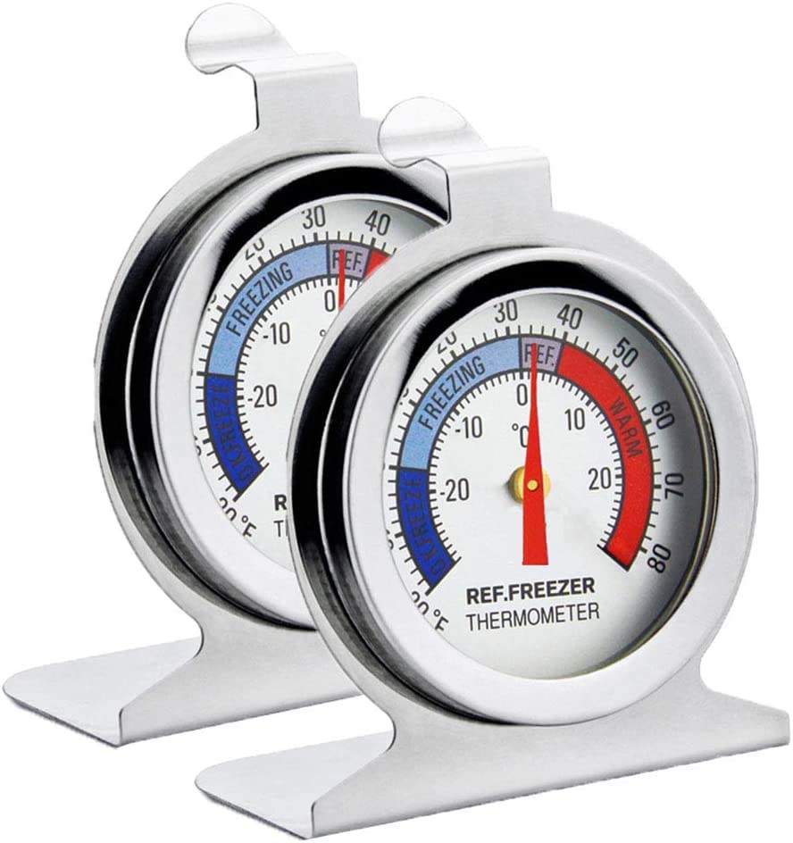 JZK 2X Stainless Steel Refrigerator Freezer Thermometer Classic Series Large Dial Thermometer with Hanging Hook and Stand