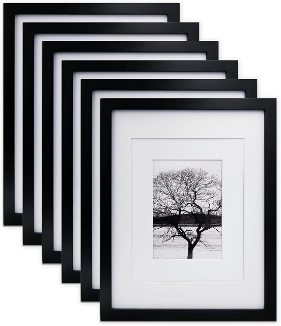 Egofine 11x14 Picture Frames Made of Solid Wood 6 PCS Black Covered by Plexiglass - for Table Top and Wall Mounting for Pictures 8x10 or 5x7 with Mat Horizontally or Vertically Display Photo Frame