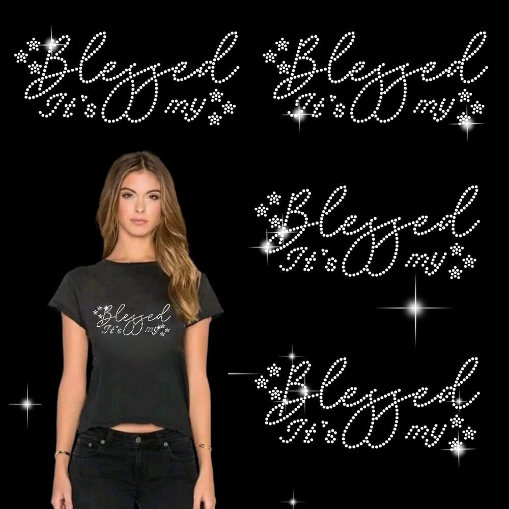 8 Pieces Blessed Rhinestone Iron-on Decal Transfer DIY Bling Crystal T-Shirt Transfer Decal Glitter Rhinestone Pattern for Bride Clothing Designs Decor (White)
