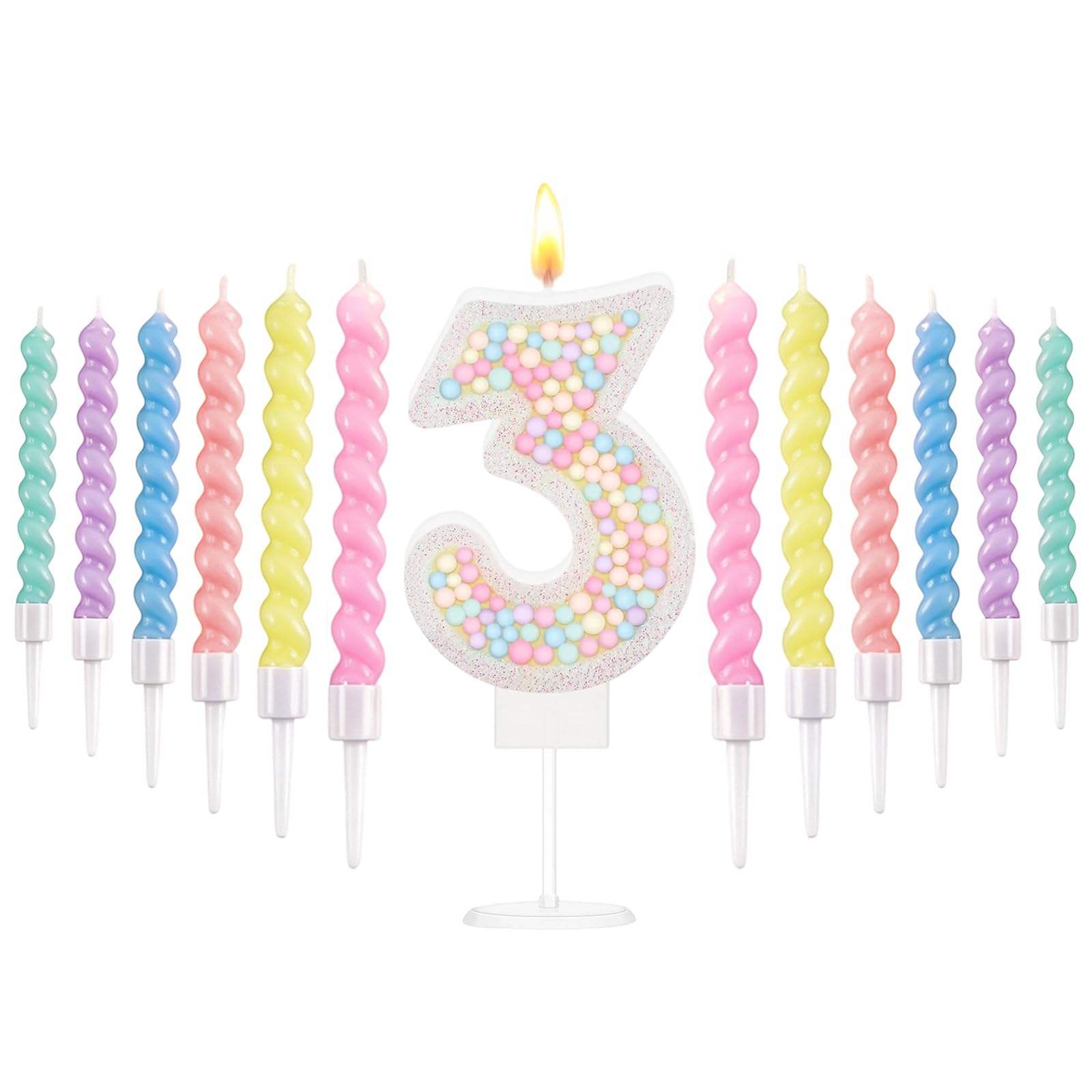 White Macaron 3rd Birthday Candles Set, Number 3 Birthday Candle with 12pcs Spiral Candles for Girls Boy 3rd Birthday Decorations, Rainbow Cake Topper for Party Decoration, Baby Showers Supplies