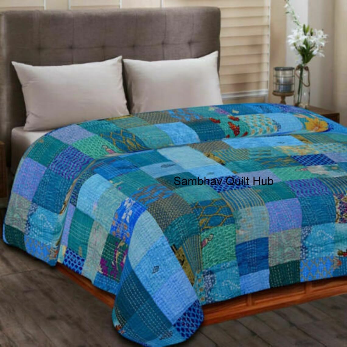 Vintage Silk Patchwork Kantha Quilt Vintage Home Decorative Handmade Bedspread Quilting Hippie Quilts King Size Bedding Patch Throw Blanket (2 Pillows Cover Size - 20X12 inches)