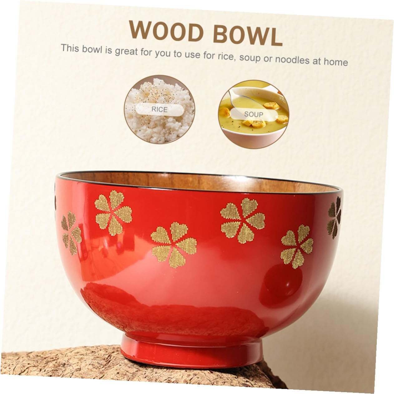 STAHAD Japanese Style Wooden Rice Bowl with Gold Cherry Blossom Leaf Design, Couple Soup Bowl Set, Natural Wood Kitchen Dining Accessory for Serving Rice and Noodles