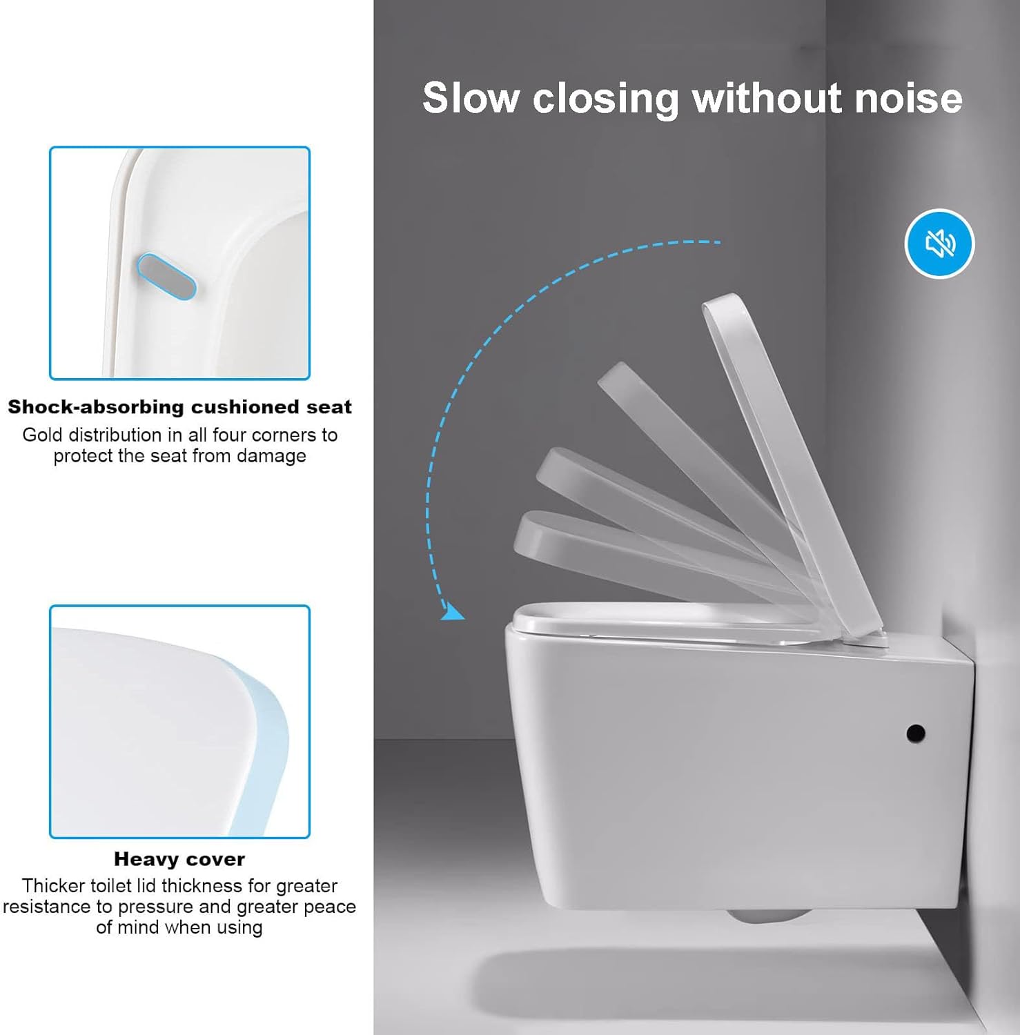 Square Soft Close Toilet Seat with Quick Release, Rectangular Shape, PP Material, Top Fixing Hinge, Size 35.5 x 45 cm