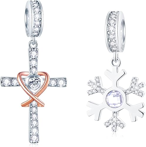 GEMDAZZ Juego de dijes con dije de cruz y copo de nieve, pulsera hecha en plata de ley 925, regalo de Navidad para madrina, abuela, mamá, Plata,
