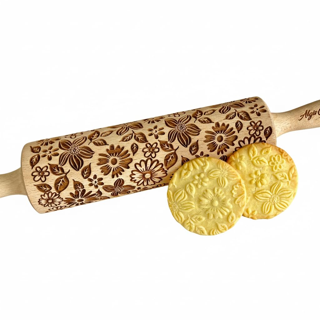 Algis Crafts - Flower Mix Embossed Rolling Pin for Baking Accessories with Laser Engraved Design - Beautifully Handmade Pattern Rolling Pin - Decorative Rolling Pins to Make Unique Bakes and Pottery