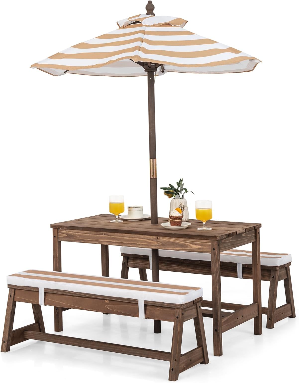 Kids Picnic Table, Outdoor Wooden Table & Bench Set w/Removable Cushions and Umbrella, Stripe Fabric, Children Backyard Furniture for Patio Garden, Gift for Toddler Boys Girls Age 3+(Coffee)