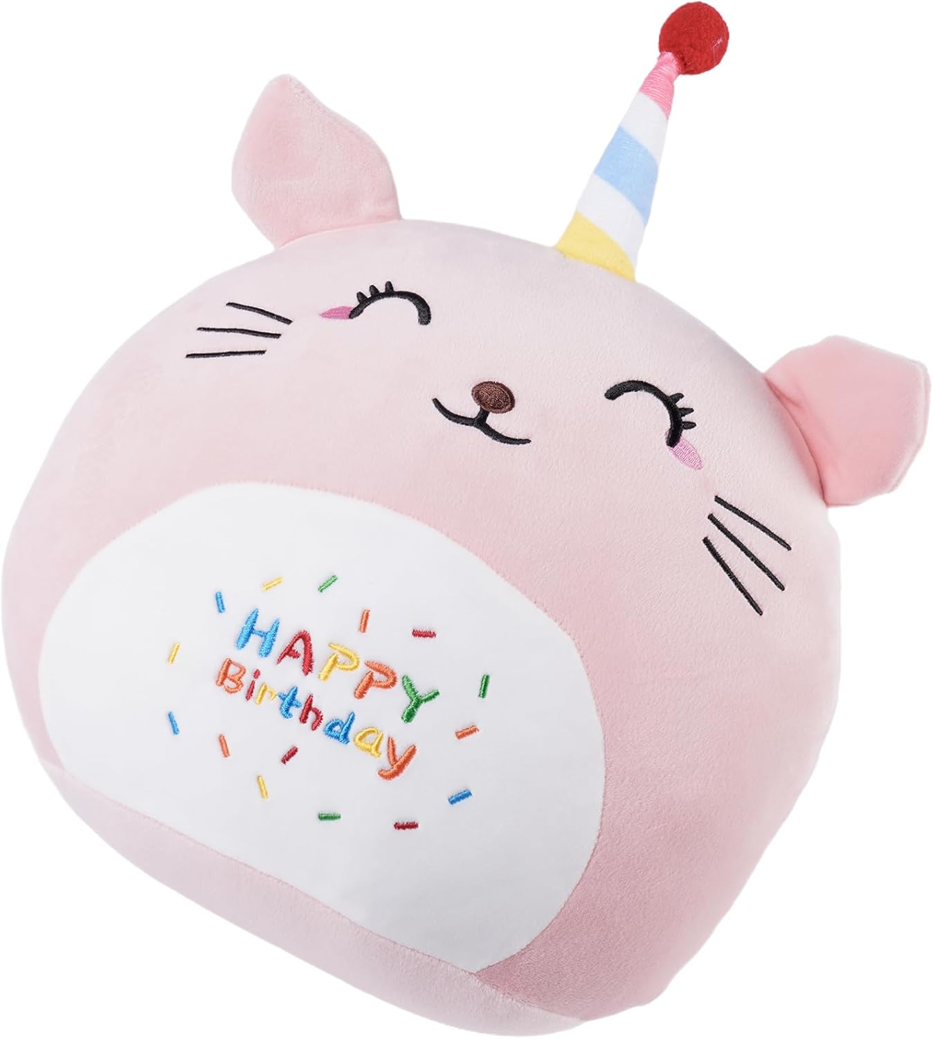 16 Inch Plush Birthday Cat Kitty Stuffed Animal Happy Birthday Cat Hugging Pillow Plushies Throw Pillow Pink Kitten Anime Gift for Kids and Lovers