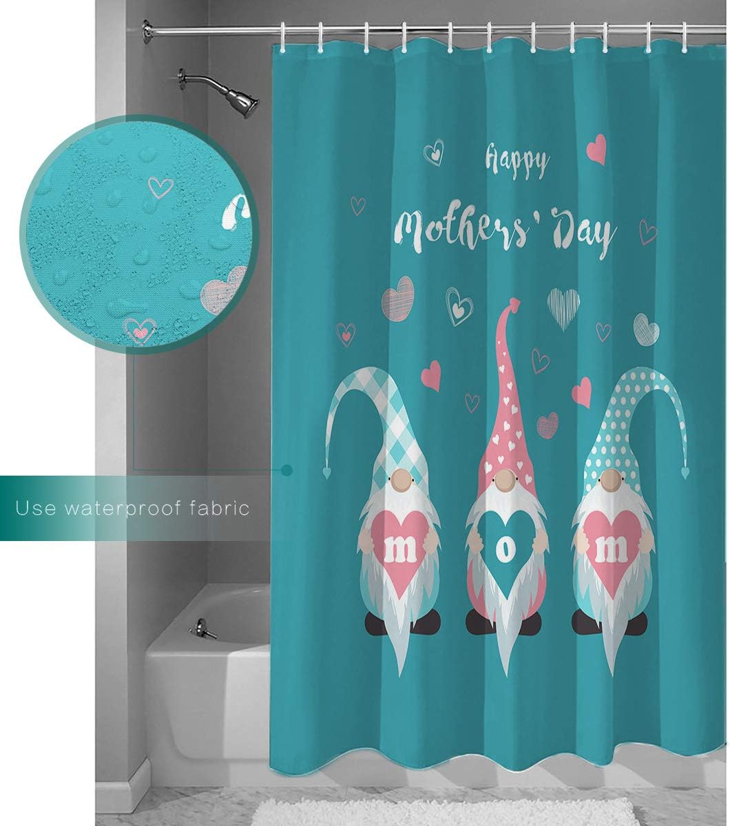 ALAGEO Mother's Day Gnomes Shower Curtain Love Heart Turquoise Shower Curtains for Bathroom Curtain Sets with Hooks Waterproof Fabric Bath Curtain Extra Long 72" x 84"