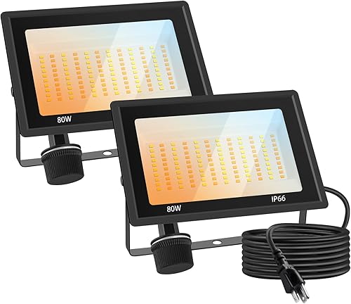 Focos LED de 80 W para exteriores, paquete de 2 unidades, 10000 lm, 3CCT 3000K 4500K 6000K seleccionables, IP66 impermeable, luz de inundación de
