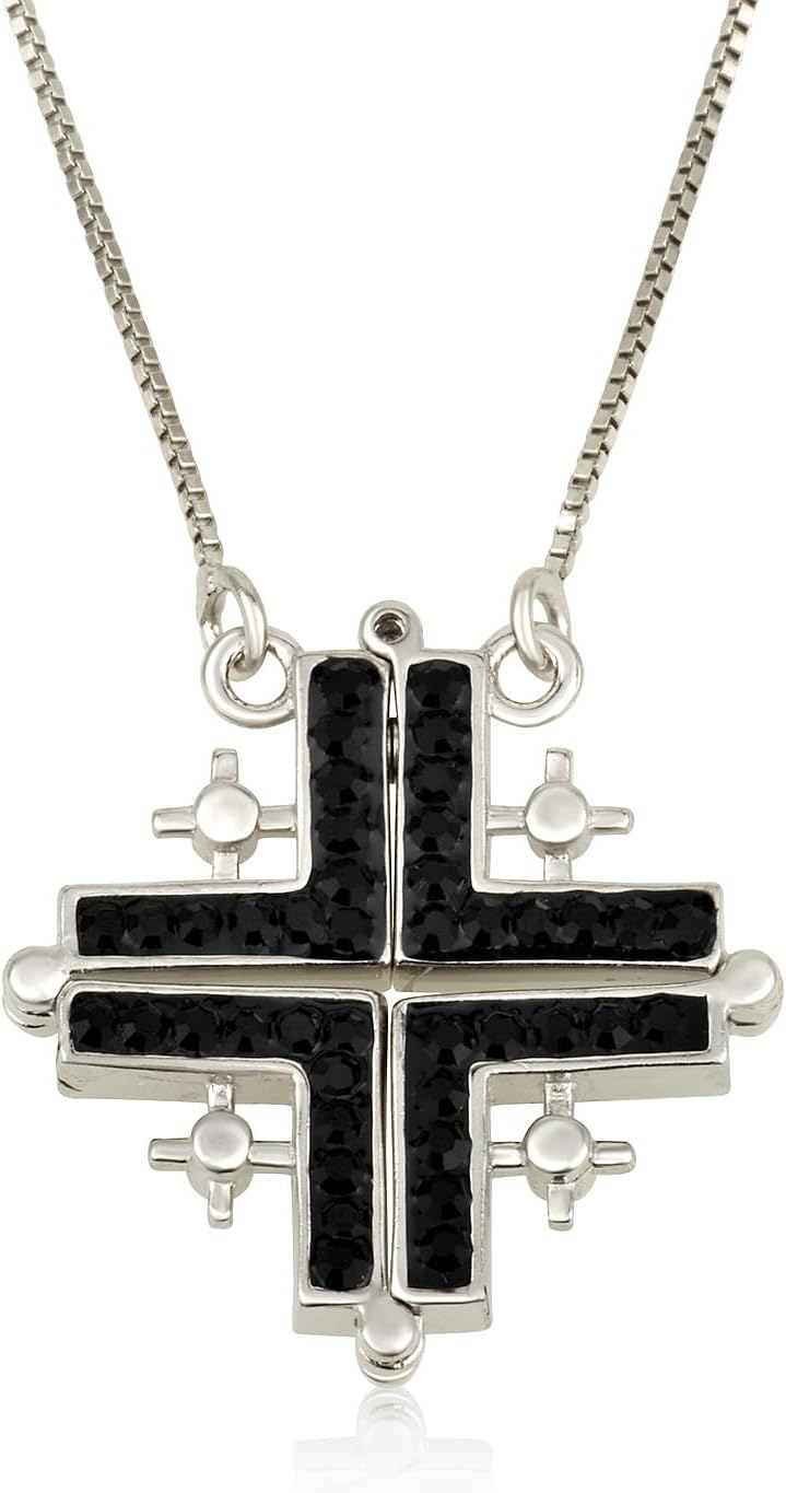 butterfly Jerusalem Cross Necklace, folding necklace. Cross of Jerusalem Pendant, 925 Sterling Silver Necklace with Cubic Zirconia Israeli Made Jewelry Bible Blessings