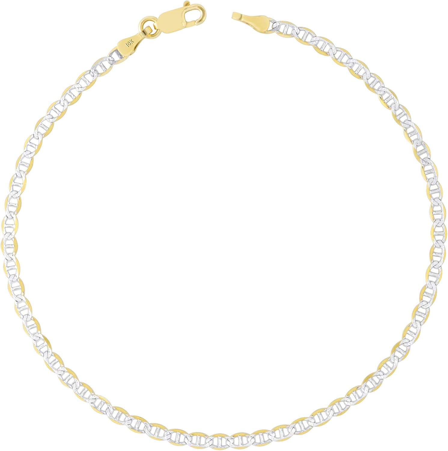 Nuragold 10k Real Yellow Gold Solid Mariner 2.5mm Anchor Chain Pave Diamond Cut Bracelet or Anklet (7"-9") Two Tone Italian Jewelry for Men & Women