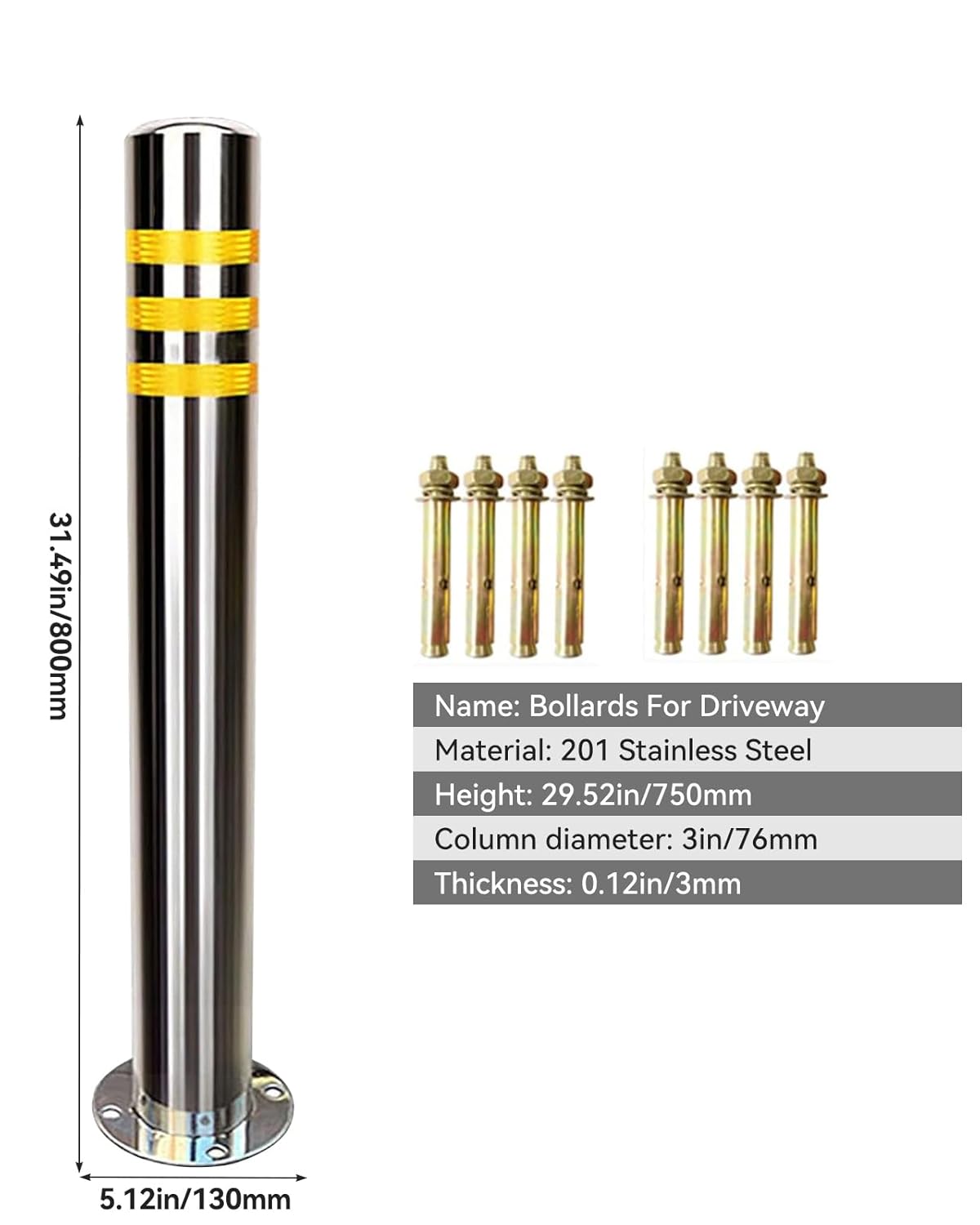 32" Safety Bollard - 2 Pack Stainless Steel Traffic Posts with Reflective Tape, 8 Anchors, IP67 Waterproof Driveway Barrier for Parking Lots & Driveways