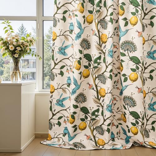 Image of Beige Botanical Print Pinch Pleat Curtains 90 Inches Long,Floral Hummingbird Patterned Drapes for Living Room Bedroom Office Classroom Farmhouse Neutral Home Decor, 2 Panels (40 x 90)