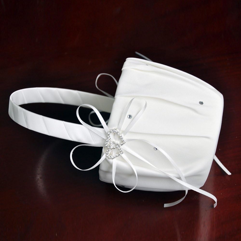 2PC Wedding Flower Girl Basket, White Satin Flower Storage Basket with Heart Buckle Satin Ribbons Hanging Basket for Wedding (White)