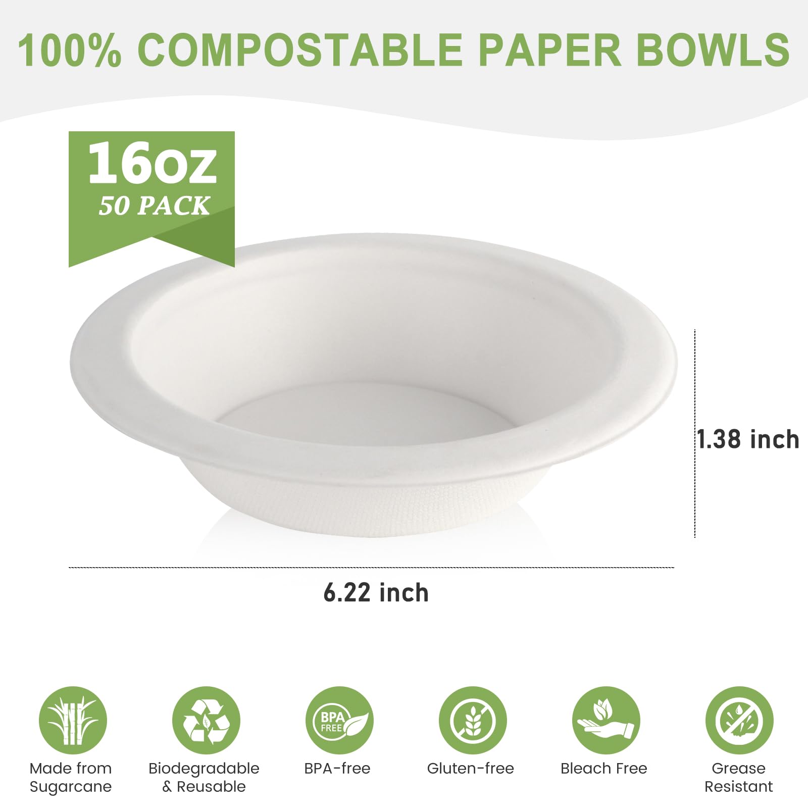 WGCC Paper Bowls Disposable 16 oz-50 Pack Heavy Duty Compostable Paper Bowls, Biodegradable Paper Bowls Made of Natural Sugarcane Fibers,Eco-Friendly Bowls for Salad, Soup, Dessert, Cereals, Snacks