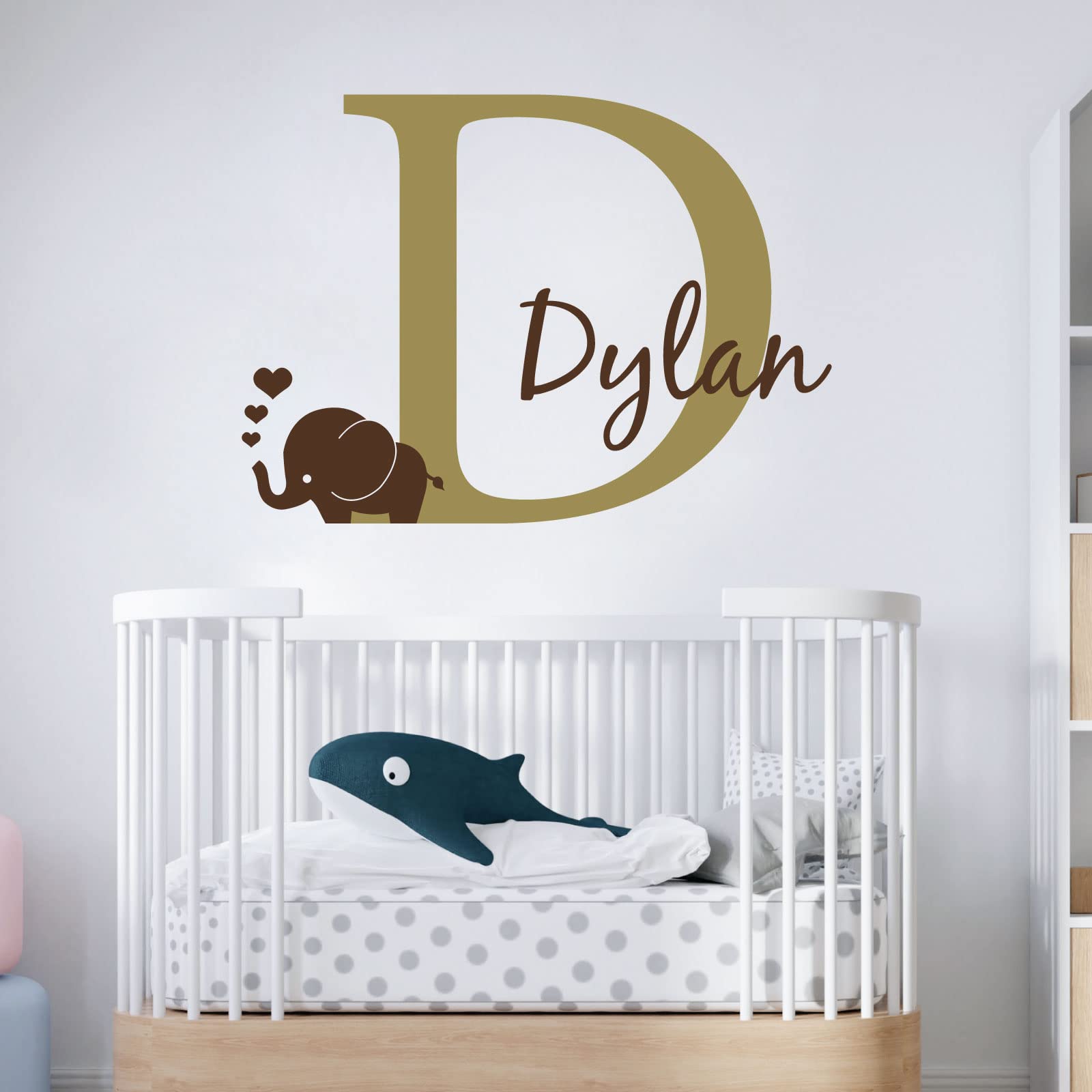 Personalised Baby Girl/Boy Name with Initial Letter and Baby Elephant, Hearts - 2 Colours [Large] [Gold]