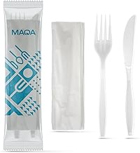 MAQA 100 CPLA Compostable Cutlery Sets - 2 Ply Knife, Fork and Napkin - Individually Packed - Food Contact Friendly - Ideal for Catering, Takeaways and Canteens