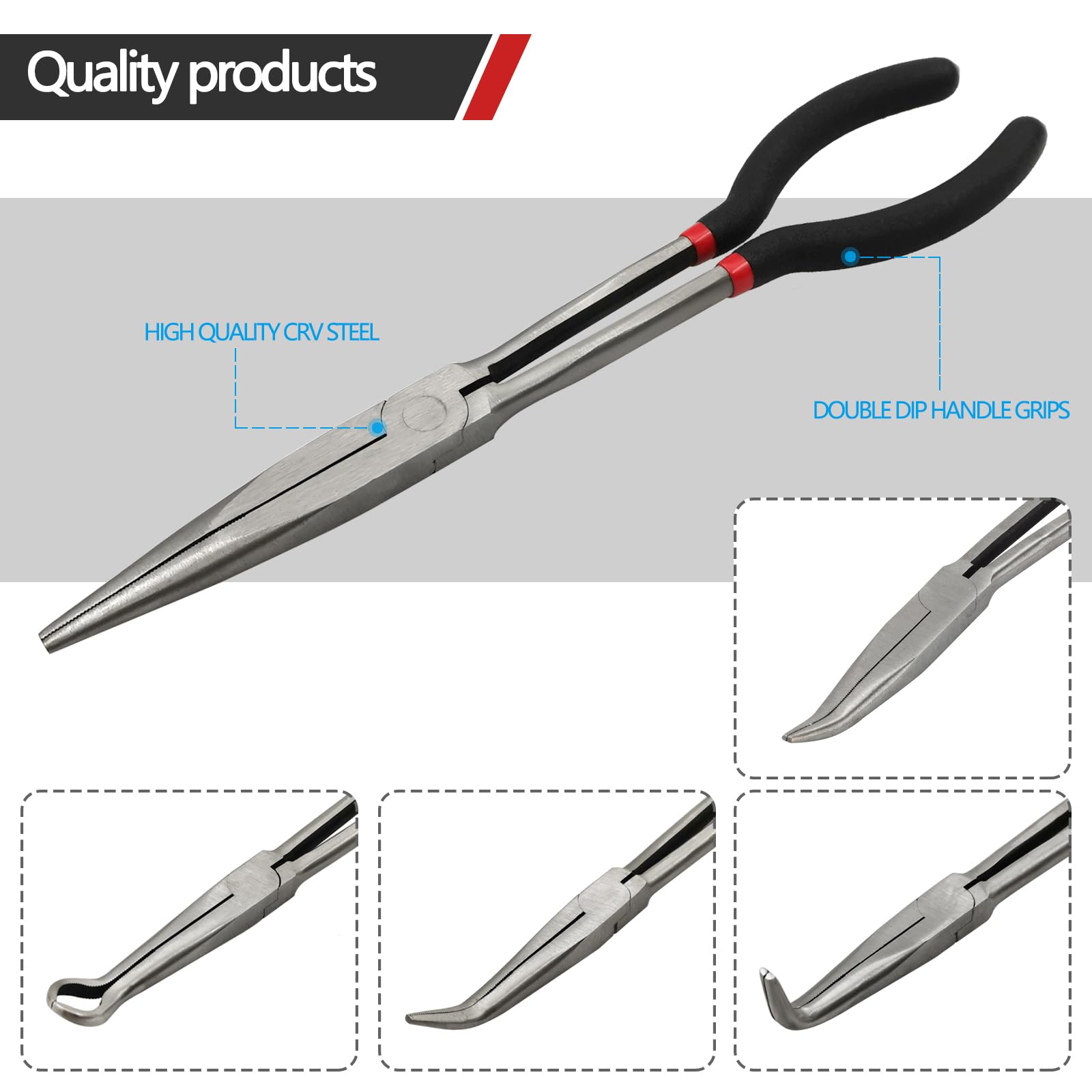 Set di 5 pinze di precisione a becco lungo da 28 cm, con manici isolati e confortevoli, pinze dritte a becco lungo, con angolo di 25/45/90 gradi, per piegatura, sagomatura, creazione di gioielli