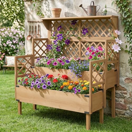 Image of Raised Garden Bed with Trellis, 2-Tier Elevated Planter Box, Wooden Outdoor Planter for Vegetables Herbs Flowers, Lattice Back for Climbing Plants, Modern Minimal Design for Patio Balcony Backyard