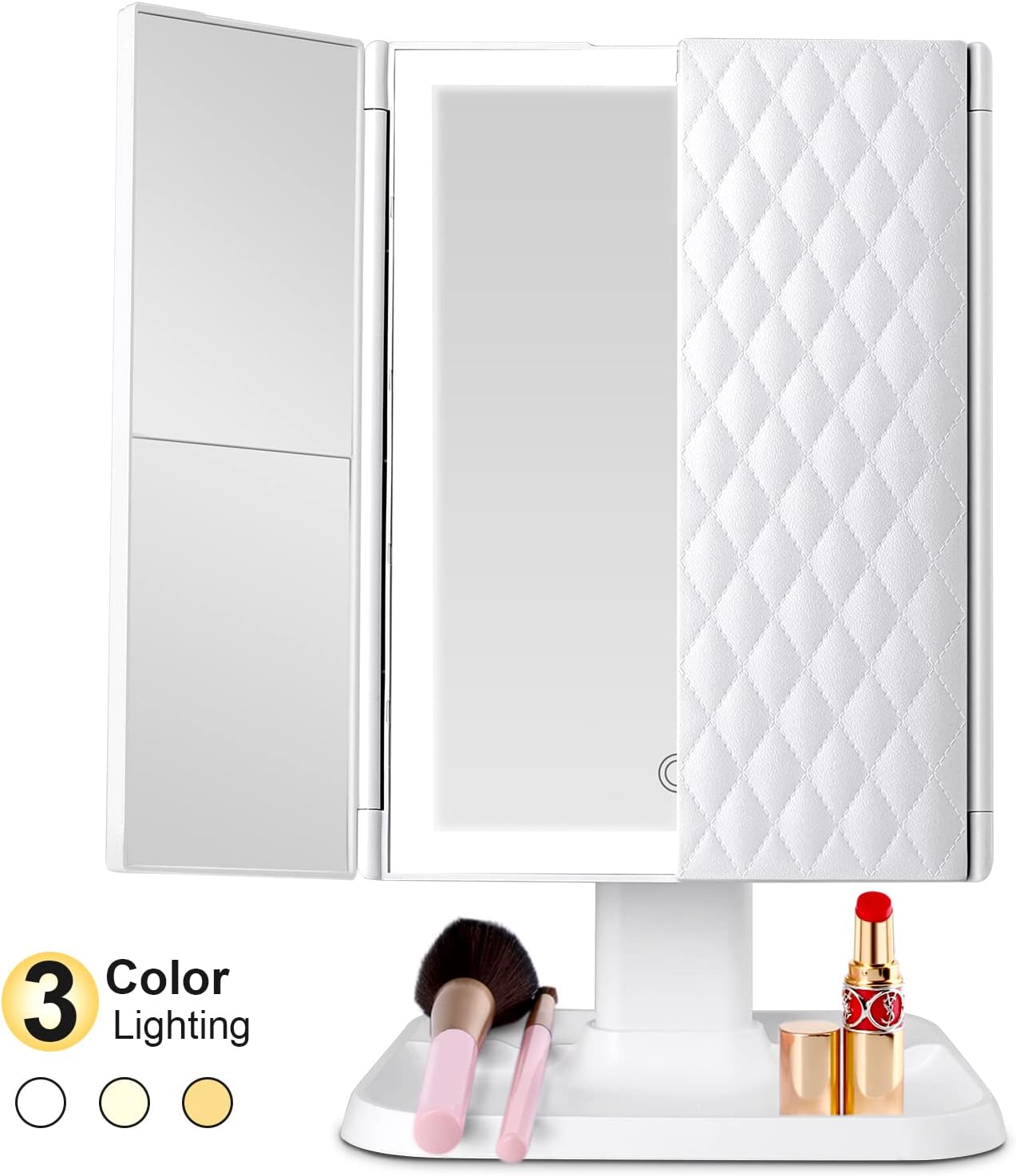 Makeup Mirror with Lights, Lighted Makeup Mirror with 72 LED Lights, 1X/2X/3X Magnifying Mirror 3-Color Lighting Trifold Vanity Mirror, Adjustable Brightness, Dual Power Supply, Gift for Women