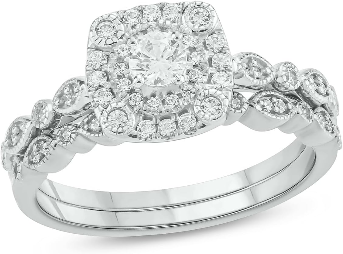 Cali Trove Halo 1/2 Ct Natural Diamonds Engagement Ring with Round Center and Matching Band | 925 Sterling Silver Rings | Bridal Set for Women | Sparkling Wedding Jewelry Style | Elegant Gift for Her