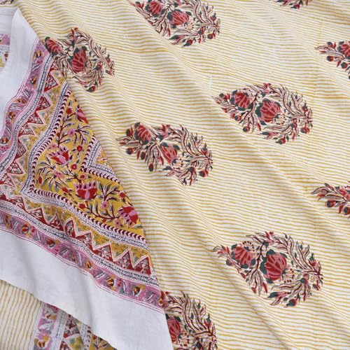 Image of TOAI Hand Block Printed Bedsheet | Bed Spread Flatsheet Bed Sheet | Pure Cotton | Queen Size 90 inchx108 inch | 210 TC Long Staple Cotton | 2 Reversible Pillow Covers |Floral Motives on Yellow Panel