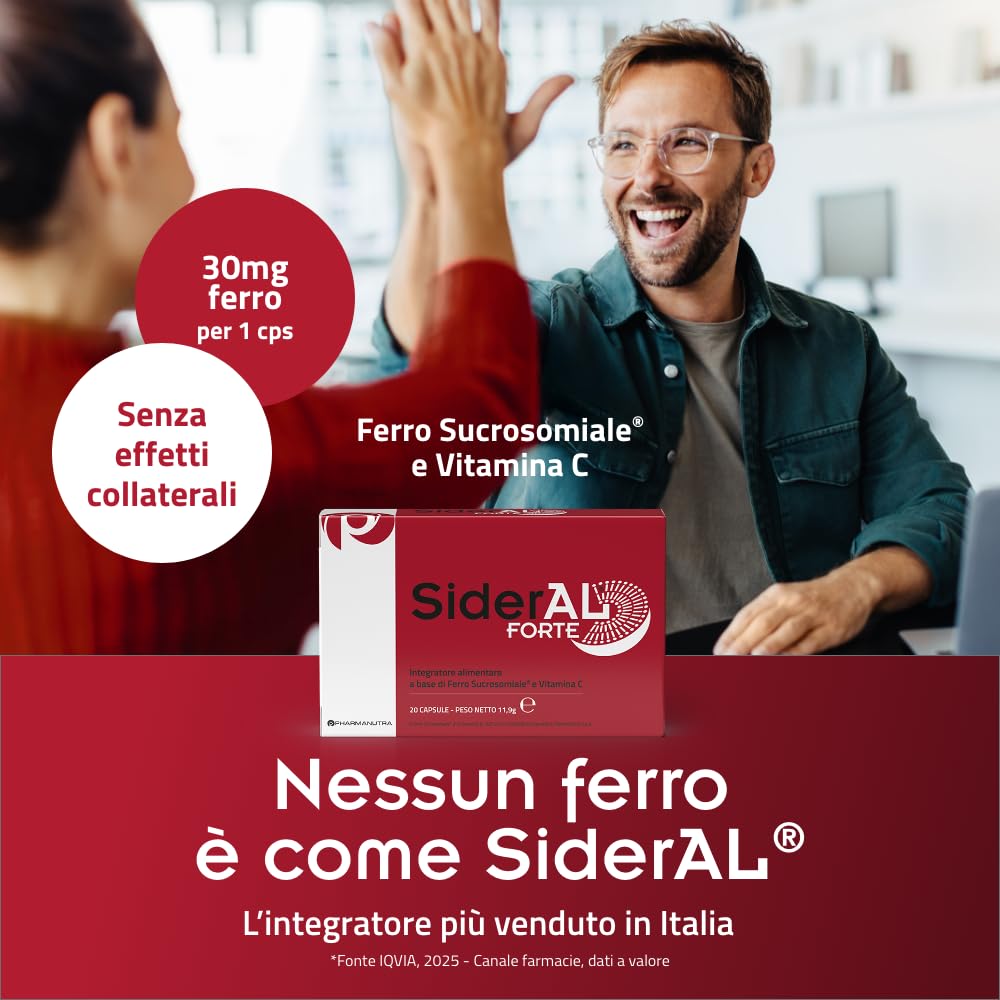 SiderAL® Forte Integratore alimentare a base di Ferro Sucrosomiale®, No Gusto metallico, Alta Tolerabilità, Alto assorbimento, No Glutine, No lattosio, 20 Capsule, Pharmanutra