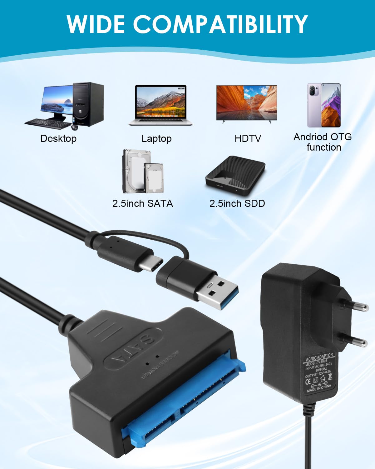 Cavo adattatore da USB 3.0 a SATA ad alta velocità per HDD e SSD da 2.5