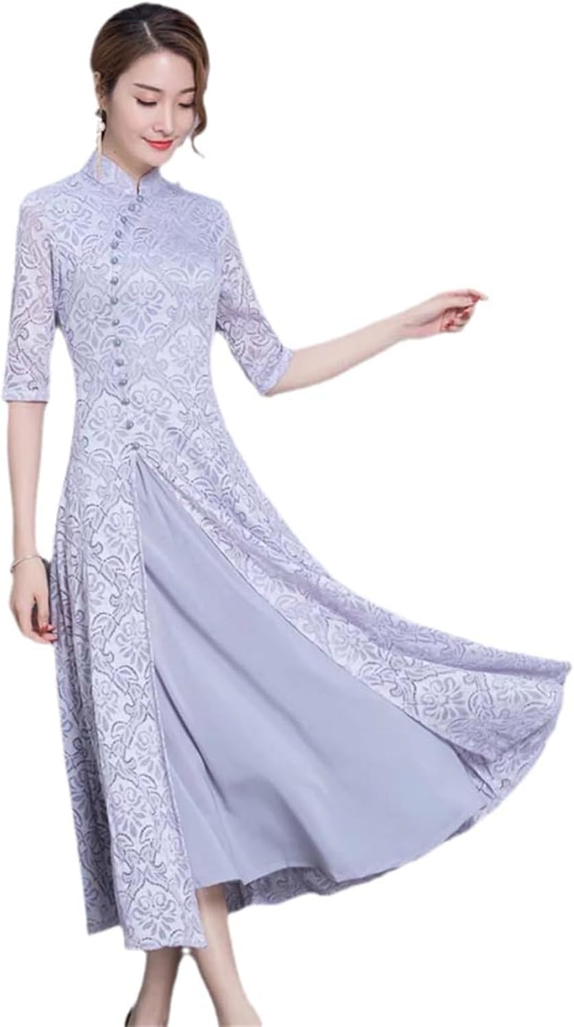Summer Autumn Modern Cheongsam Women Lace Qipao Chinese Dress Long Qi Pao Party Vintage Elegant Dress