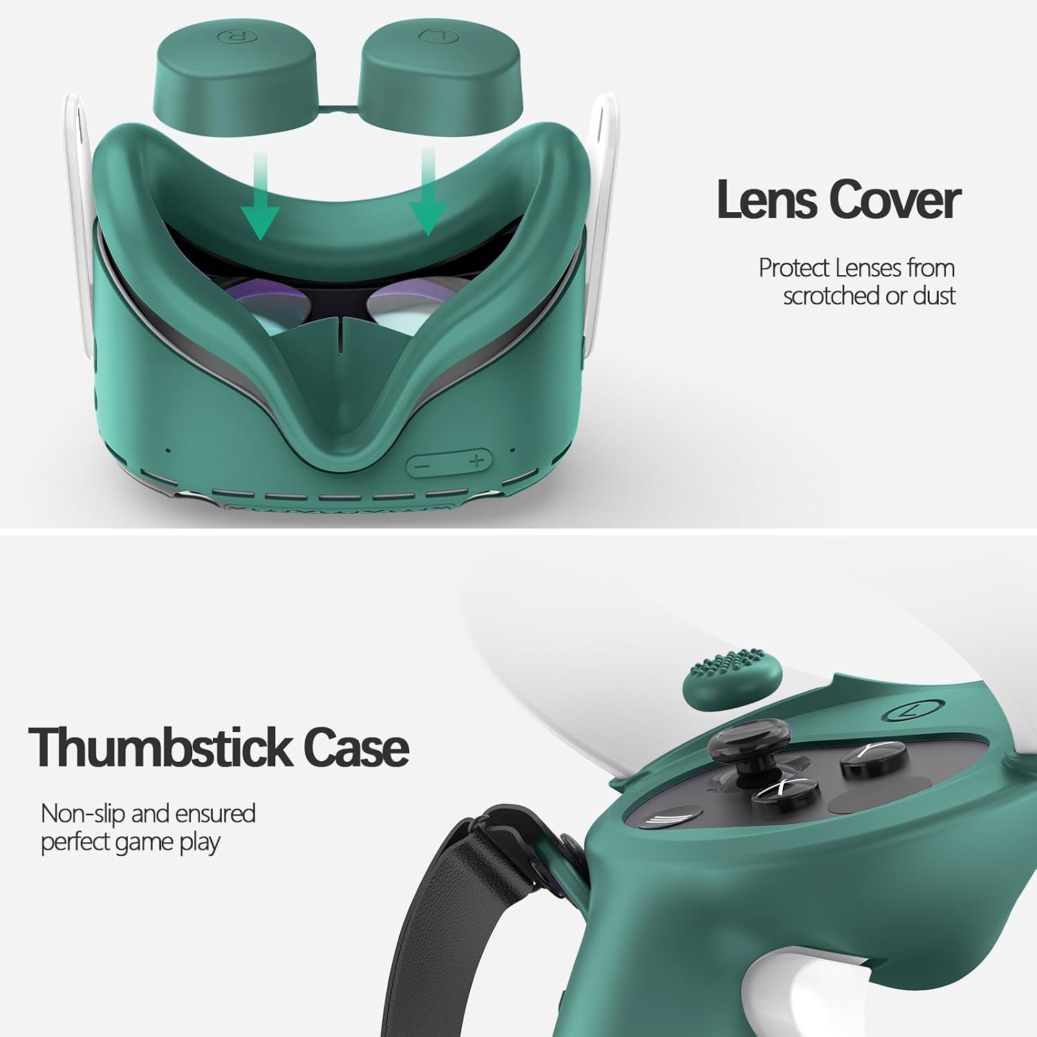 Silicone Protective Cover Set for Meta Quest 2, Pink VR Headset Shell with Controller Grips, Lens Cover, Face Cover, Thumbstick Caps, Anti-Shock Full Protection Accessories Kit (Dark Green)