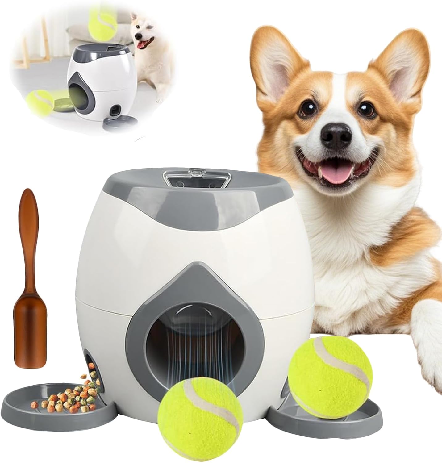 Dog Tennis Ball Food Reward Machine, Interactive Puzzle Toy with Slow Food Dispenser, Outdoor Training Toys Ball Launcher for Medium/Large Dogs, Exercise Mental Stimulation (Grey)