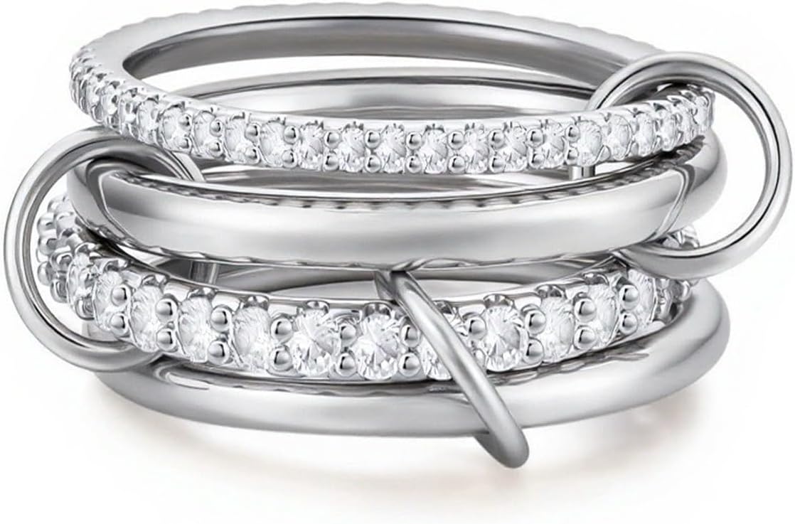 14K Gold Plated Interlocked Stackable Rings for Women Non Tarnish,Gold and Silver Cubic Zirconia Statement Rings Set,Mixed Metals Ring Two-Toned Connected Bands Stacking Jewelry