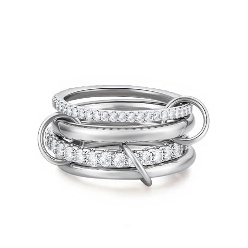 Canboer 14K Gold Plated Interlocked Stackable Rings for Women Non Tarnish,Gold and Silver Cubic Zirconia Statement Rings Set,Mixed Metals Ring Two-Toned Connected Bands Stacking Jewelry