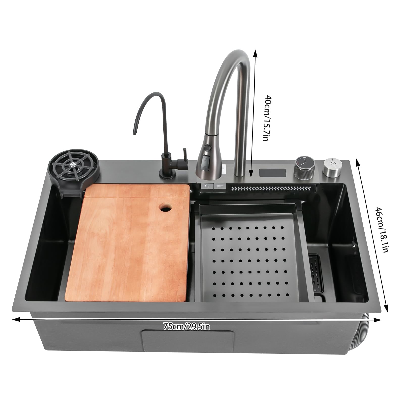 Fregadero de cocina con cascada, acero inoxidable con indicador de temperatura, grifo extensible, sifón, rebosadero y desagüe, moderno fregadero empotrable para cocina