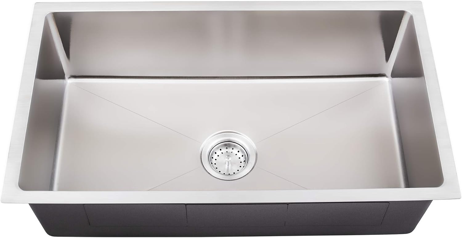 Zuhnë Forte 31 Undermount Kitchen Sink, 18 Gauge T304 18/10 Stainless Steel, Brushed Grain Finish, Tight Radius Corners, Single Bowl 31 x 18 x 9 in, Fast Drain Sloped Base, 33 in Cabinet