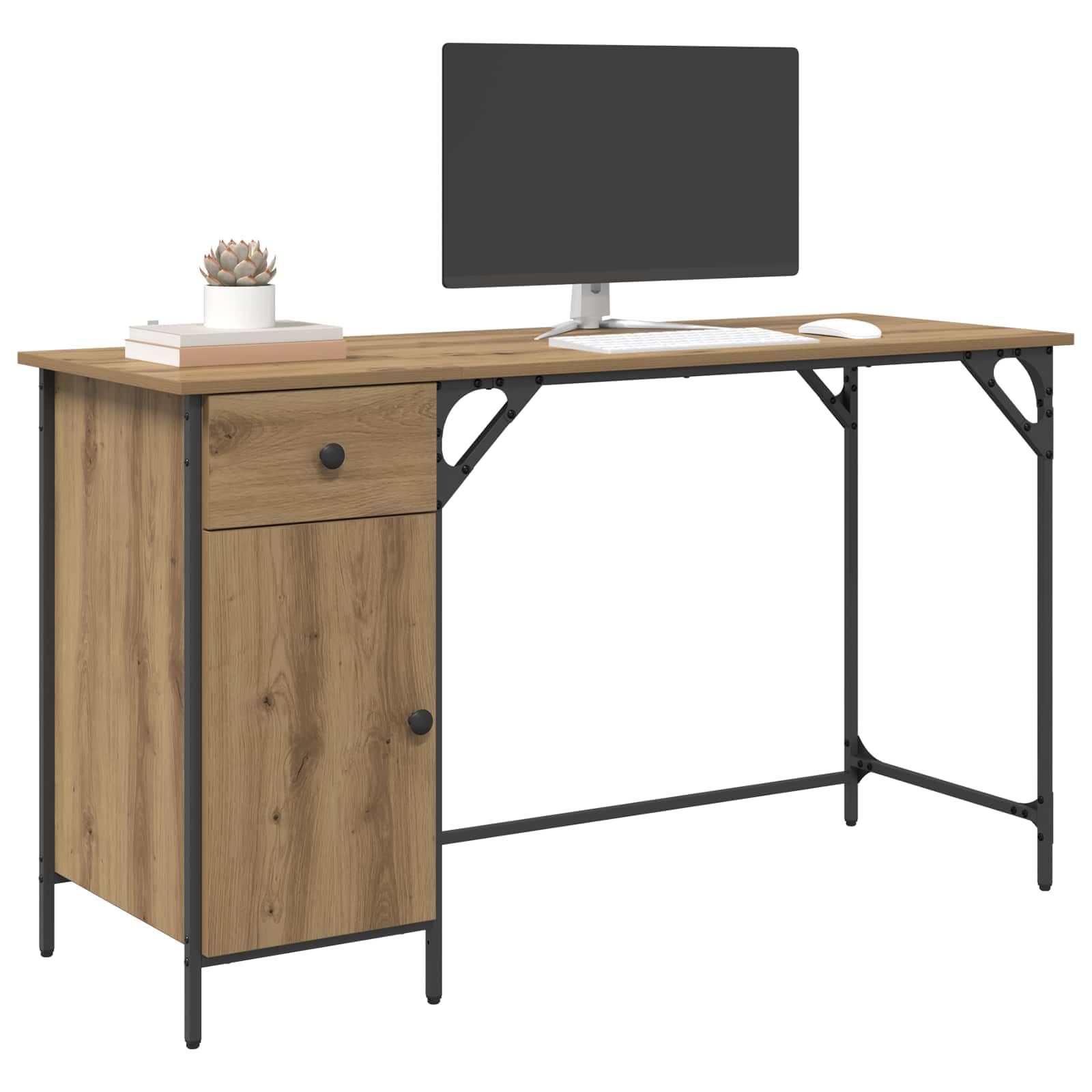Scrivania per computer in rovere Artisan, 131 x 48 x 75 cm, in legno con cassetto, vano portaoggetti, per casa, ufficio, gaming, postazione di lavoro, ergonomica e salvaspazio