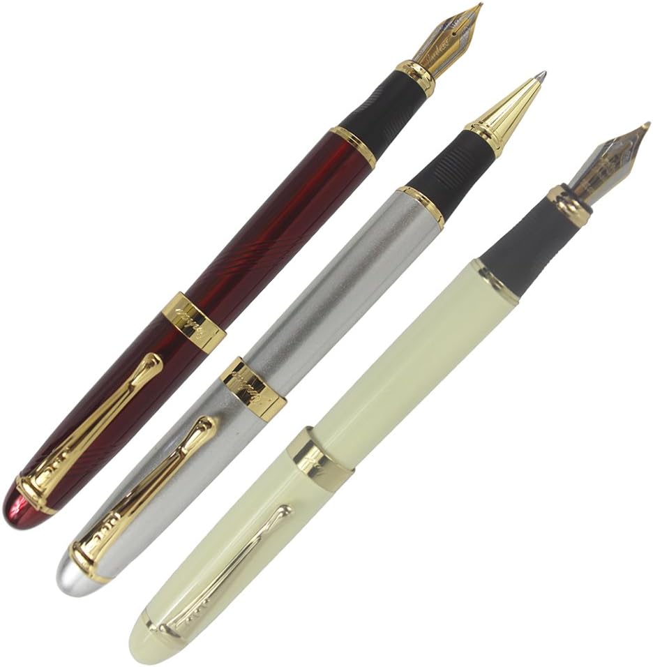 3PCS 450 Pens, Including 1PCS Classic Style Medium Nib Fountain Pen Golden Trim, 1PCS Rollerball Pen and 1PCS Art Fountain Pen - Red White, Silvery & Creamy-white