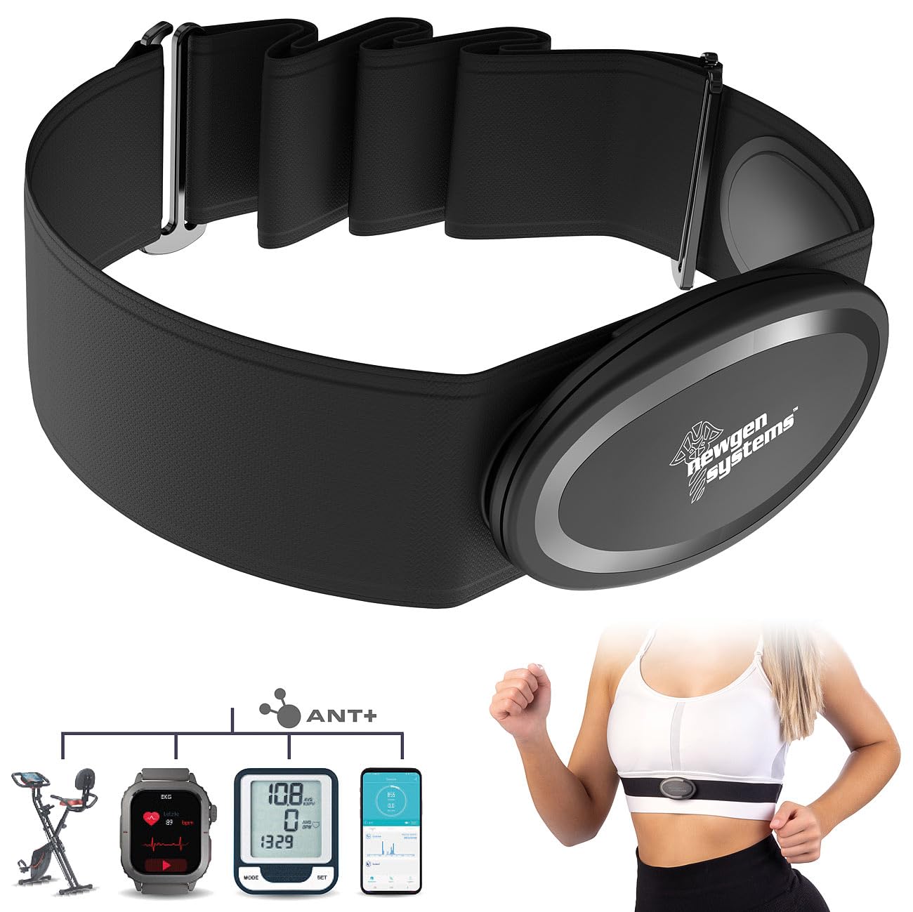 newgen medicals Sport Brustgurt: Smarter Brustgurt mit Herzfrequenz-Sensor, ANT+ und Bluetooth (Sport-Herzfrequenz-Brustgurt, Pulsmessergurt, Schrittzähler)