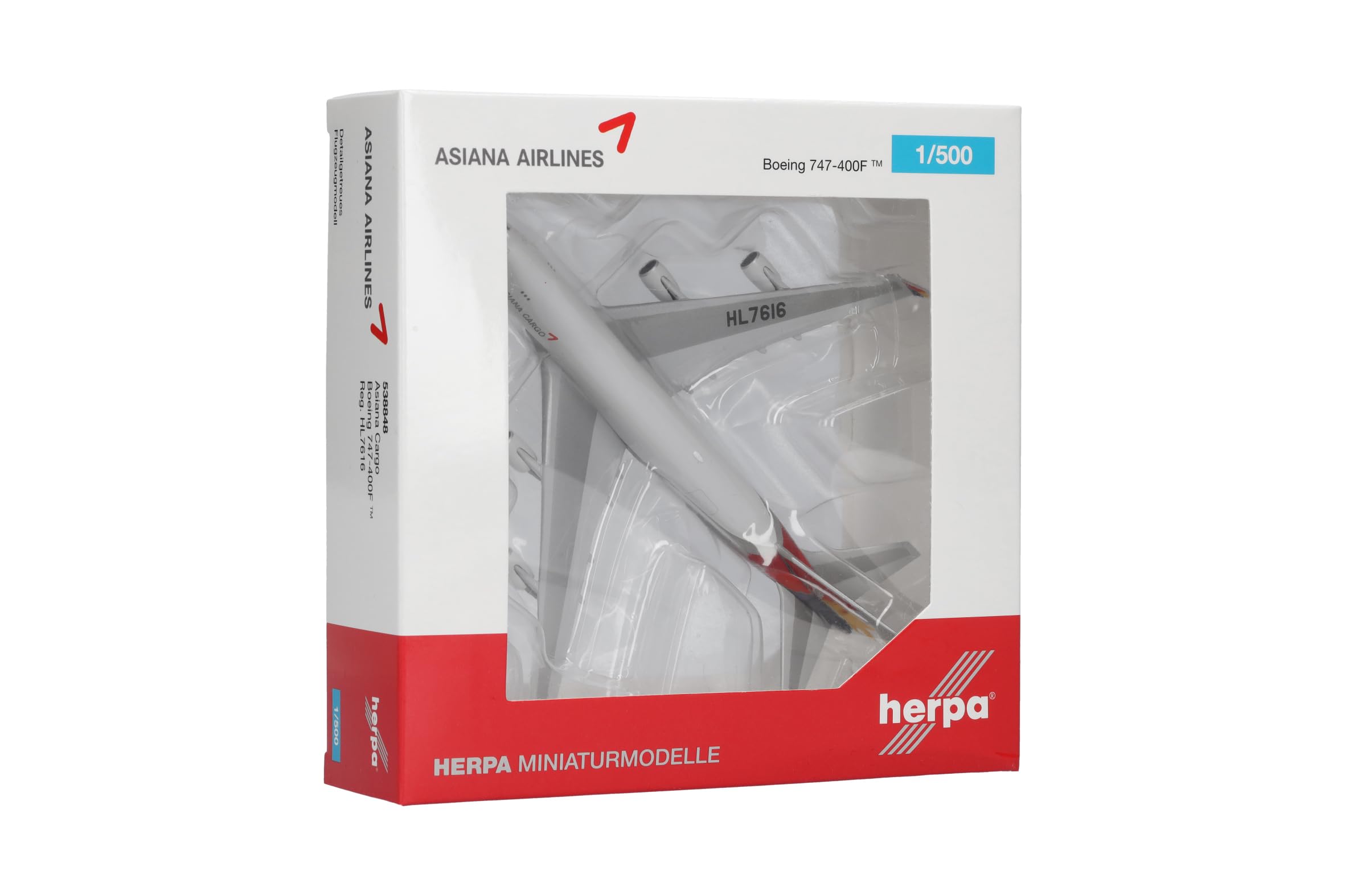 Herpa Aeroplano in Miniatura Asiana Cargo Boeing 747-400F, Escala 1/500, Modelo prefabricado, maqueta de colleción, modelismo, Aeroplano sin Soporte, Figura Metal