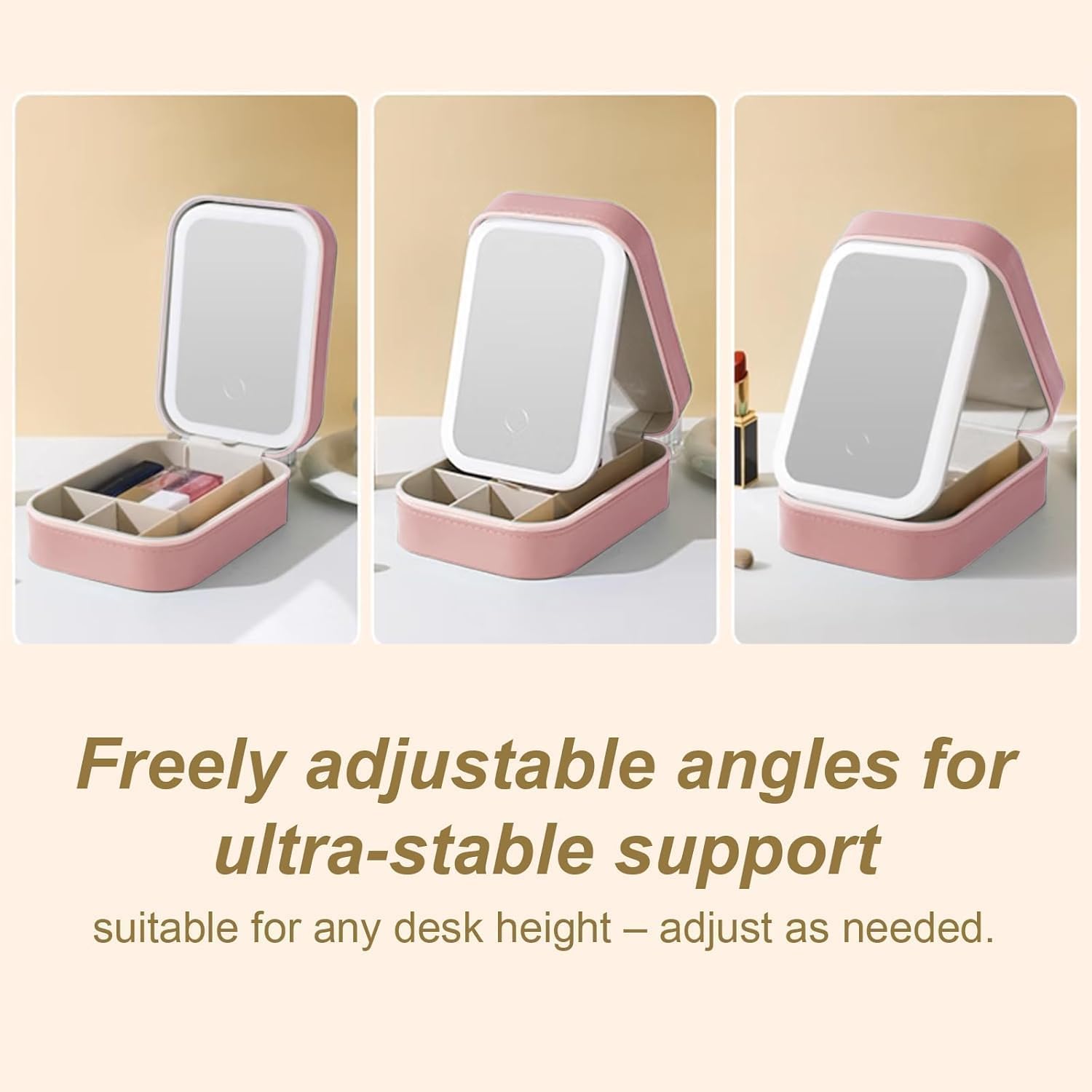 YUANHAILI Portable LED Makeup Bag with Adjustable Light-Up Mirror - Three-Color Lighting | Dust-Proof Cosmetic Case with Multi-Compartment Storage and Jewelry Organizer (Pink) - Image 6