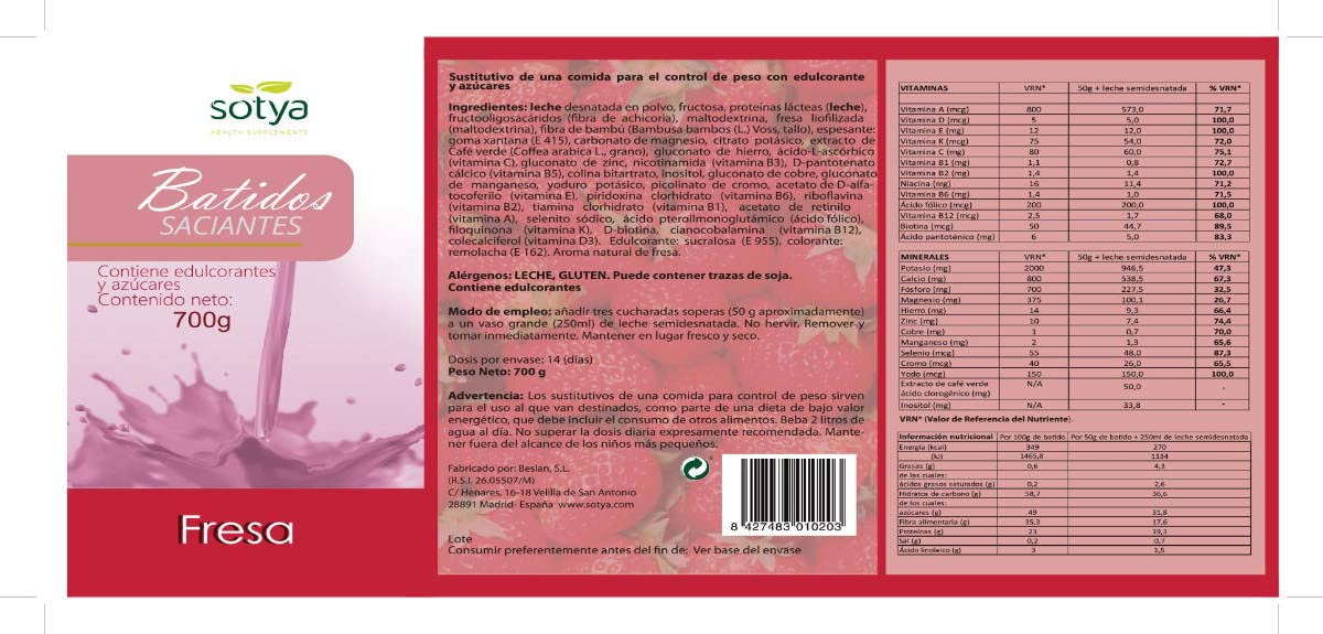 Sotya Pack Ahorro - Batido Saciante Fresa 700 Gramos (Total 2 x 700 Gramos = 1400 Gramos)