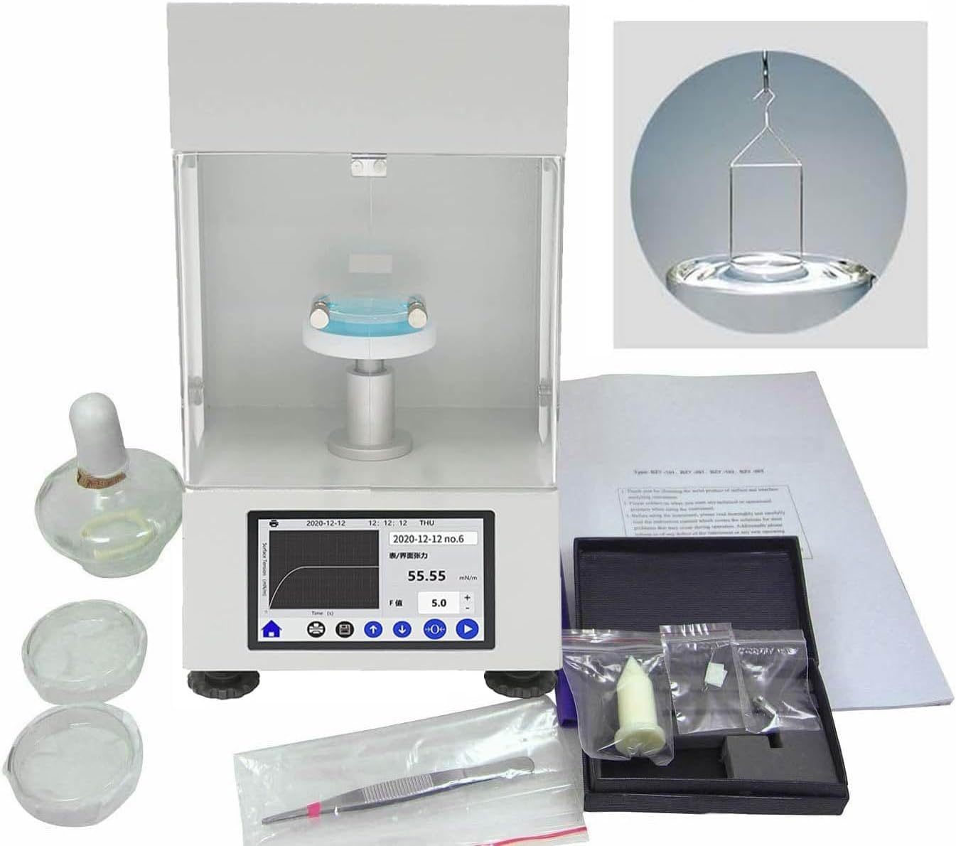 Interfacial Tension Equipment Surface Tension Tester Surface Tension Measurement with Platinum Loop Range 0 to 1000 mN/m Accuracy 0.1mN/m 4.3-inch Touch Screen